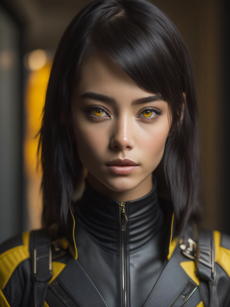 (masterpiece:1.2), (best quality:1.2), (ultra highres:1.2) ,(8k resolution:1.2), Cyberpunk, mechanical girl, black hair, yellow eyes, petite, cute, dog action, thin, black and yellow color,