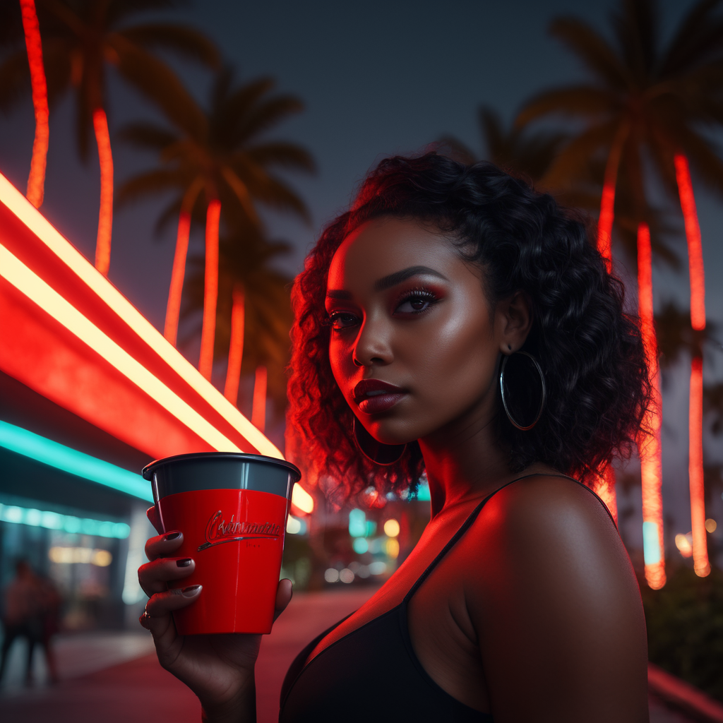 Miami, neon lights, black woman, red cup, palm trees