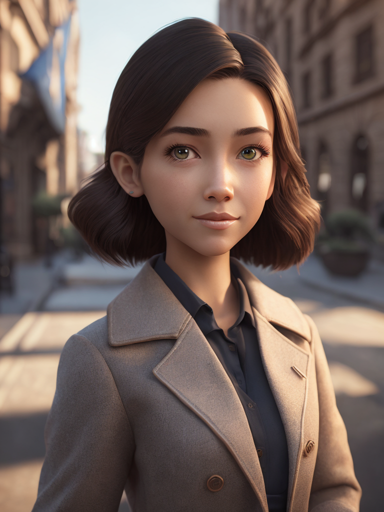 girl, 3d character, cartoon, disney, pixar, render, neutral detailed background of city