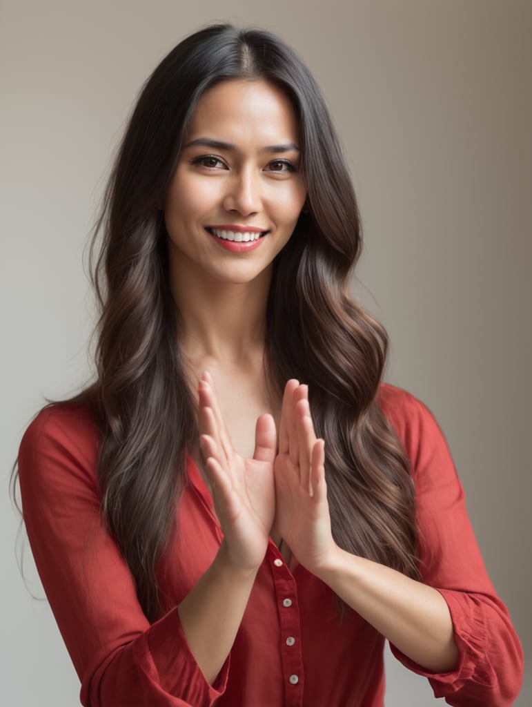 30 years old woman long hair with no shirt, red top, reaching his hands palms out to foreground