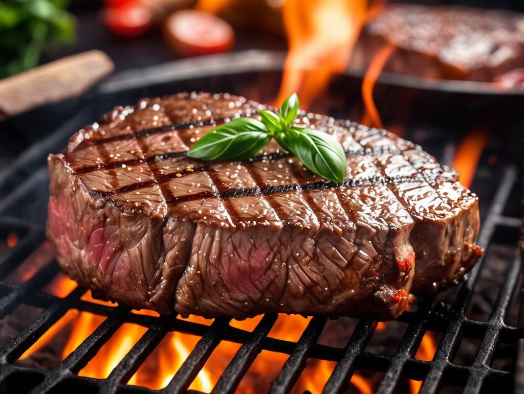 close-up Beef steak on the grill with visual effects and background that stimulate the appetite