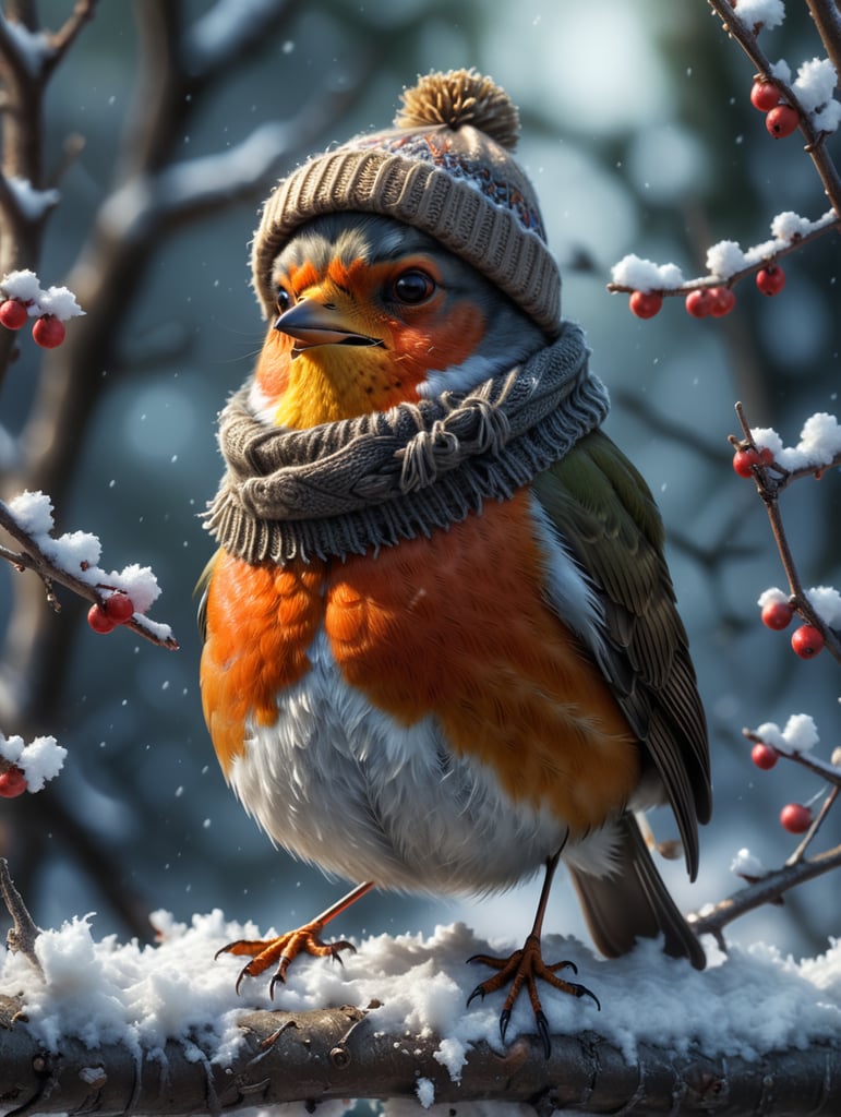 A robin sitting on a snowy branch, beak open singing, wearing a woolly hat and scarf