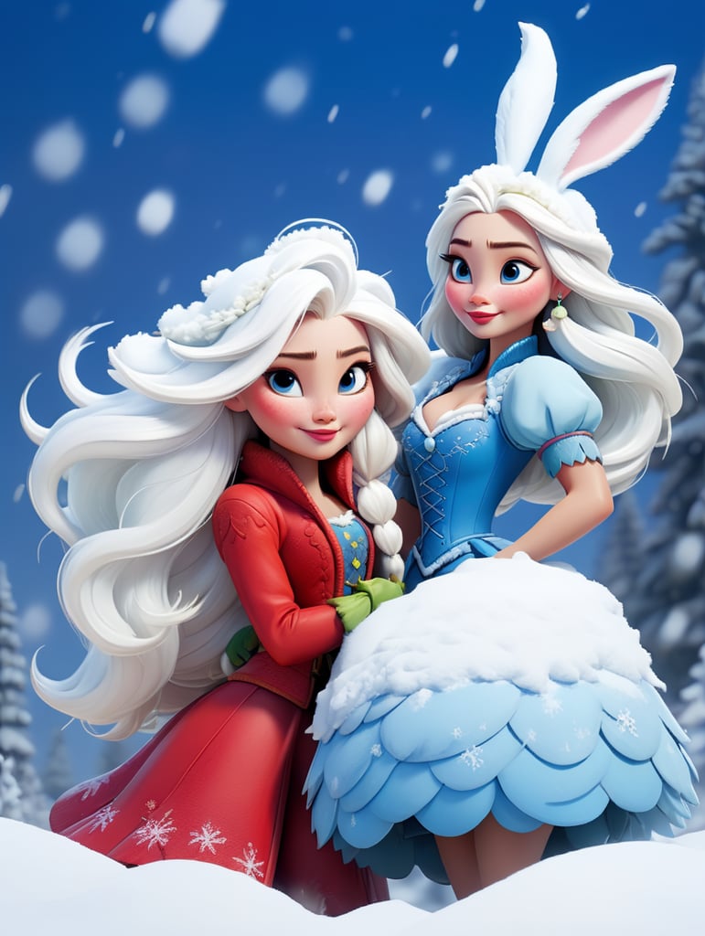 New year's card, Santa Claus and Snow Maiden, rabbit, deere, by Justin Gerard and Greg Rutkowski