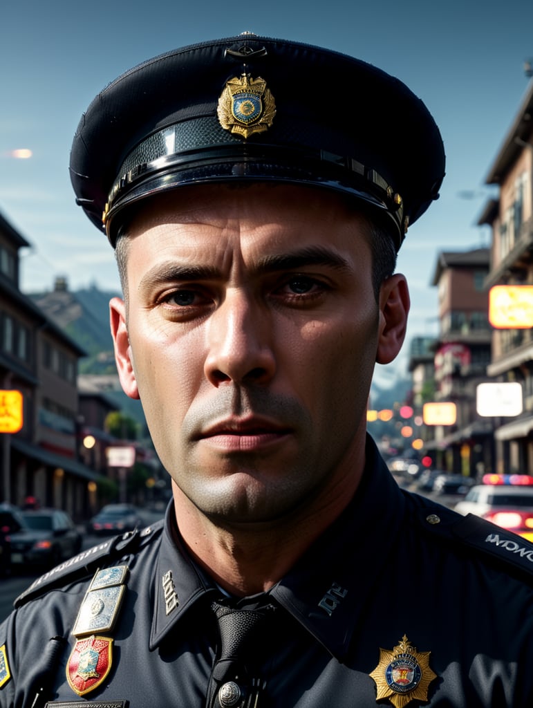 epic portrait of a Police Officer, city crime, British Columbia crime, Canada