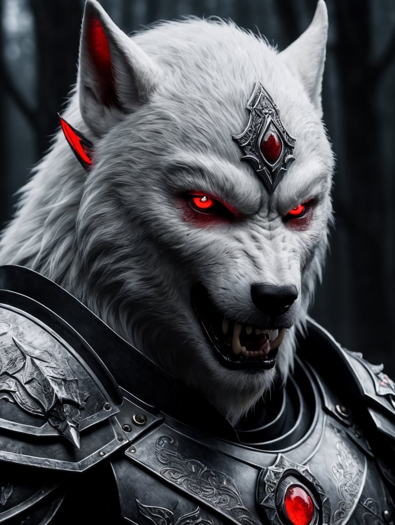 White werewolf elf assassin wearing armor with glowing red eyes