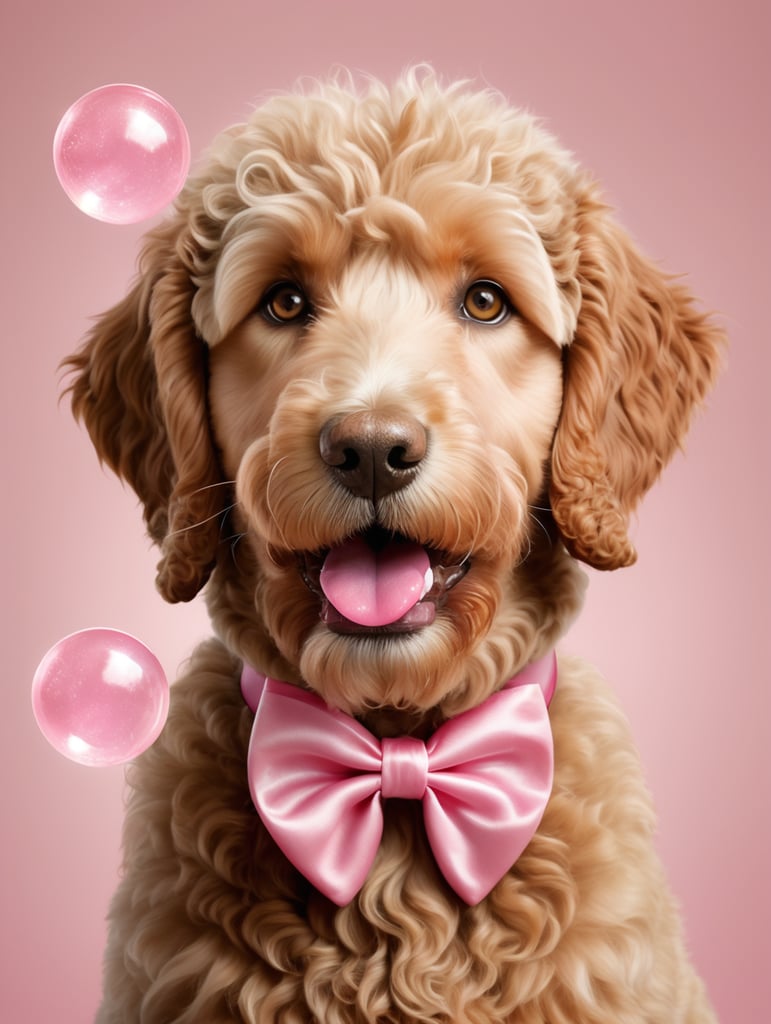 Image of a realistic golden doodle with details in the curls of its hair. The dog should be sitting facing the camera blowing a pink bubblegum bubble from its lips with a pink bow on its head
