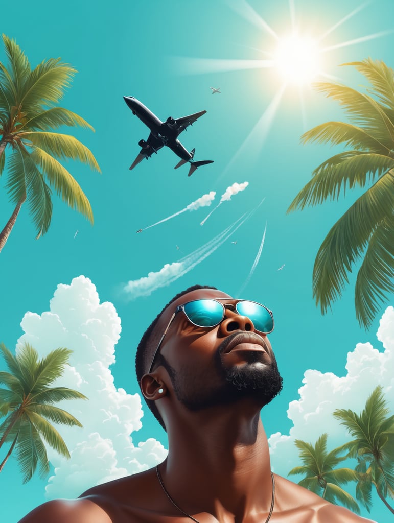 a black man raised his head up, looks at the sky, sunglasses, an airplane flies in a clear sky and leaves a mark, summer, turquoise shades, vector art