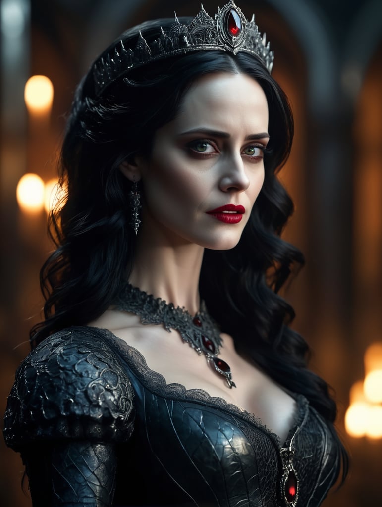 Vampire Queen, backlit, intricate details, highly detailed, slate atmosphere, cinematic, dimmed colors, dark shot, muted colors, film grain, lut, spooky, depth blur, blurry background dof, bokeh, realistic, realistic skin, Eva Green