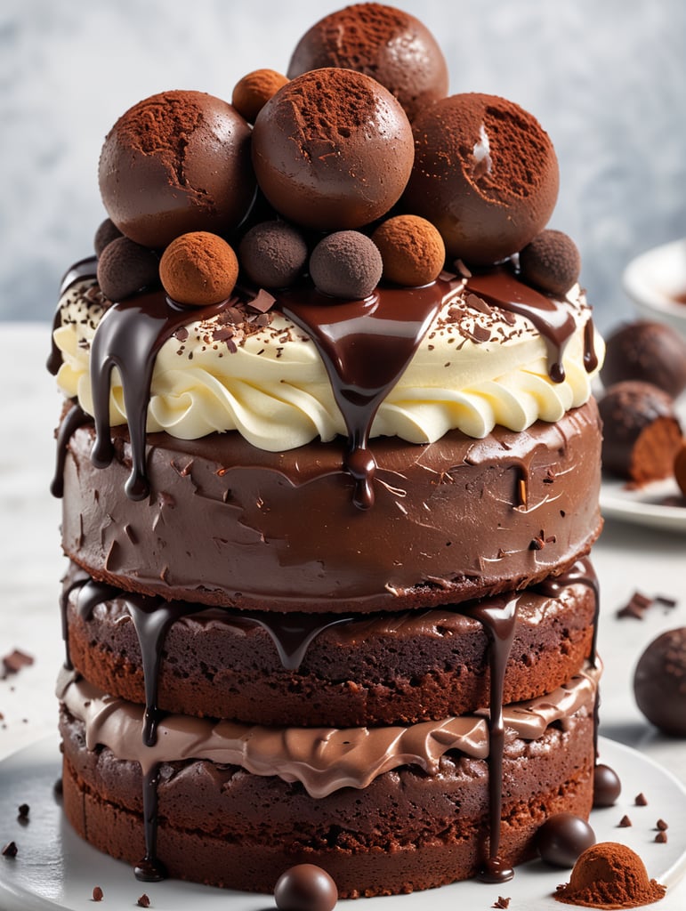 Small chocolate cake with truffle chocolate cream, with three small chocolate balls, sprinkled with cocoa powder, three layers, realism, delicious, appetizing, chocolate on a light background