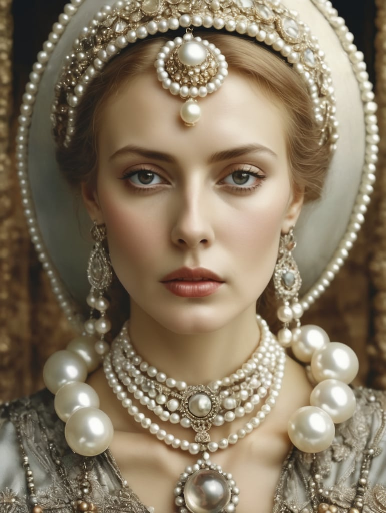 Russian woman with pearl jewelry, in the style of manipulated photography, byzantine-inspired, alejandro jodorowsky, multilayered mixed media, marianna rothen, edwin lord weeks, close up