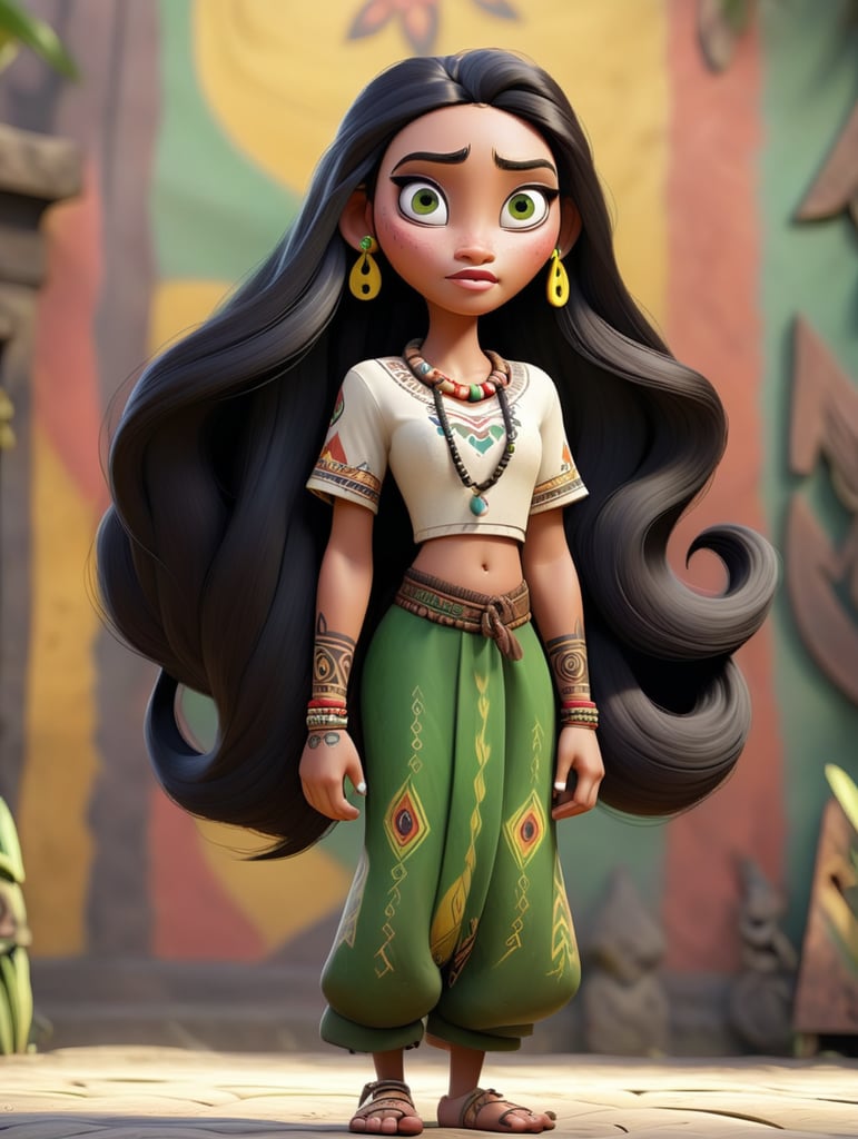 Turn around of full body Indonesian dayak tribal 20 years girl named Widya Purnama, 172 cm tall, long dark-hair (green), yellow eyes, sharp nose, triangle-face, tribal tatto in the chest, T Pose, cartoon shader