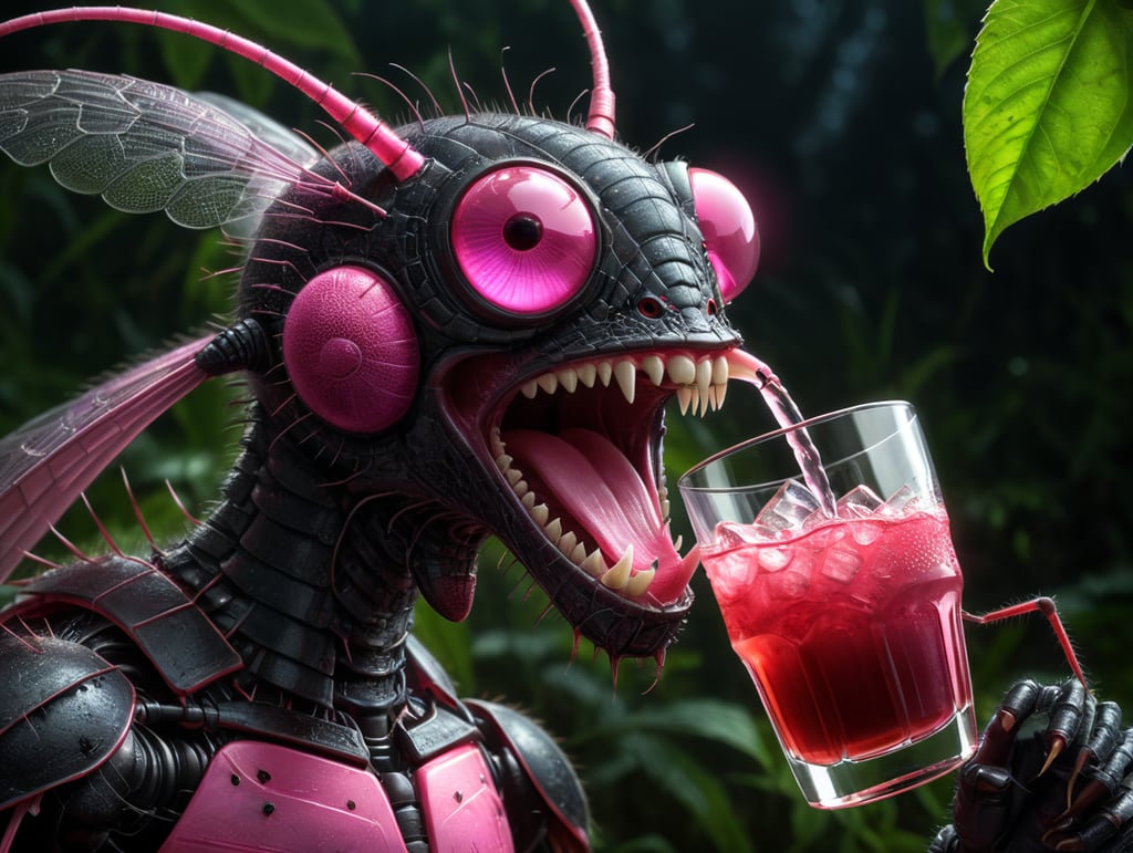 cartoon character, drink, pink mosquito, funny, creative