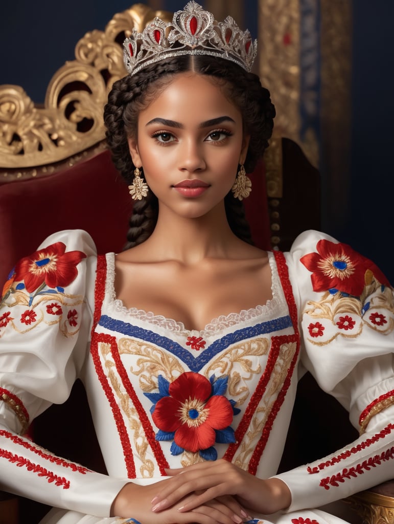 Fullbody shot view of the young queen of a new Cuban Catholic Kingdom, with beautiful braids. She is wearing a beautiful white queen royal top custome dress with red and blue flower motifs, and embroidered queen embroidered white pants. she is a beautiful light cinnamon skin color young woman, with a beautiful sweet face, curly straight hair, sweet expression, with a beautiful body, sitting on the royal throne in the palace