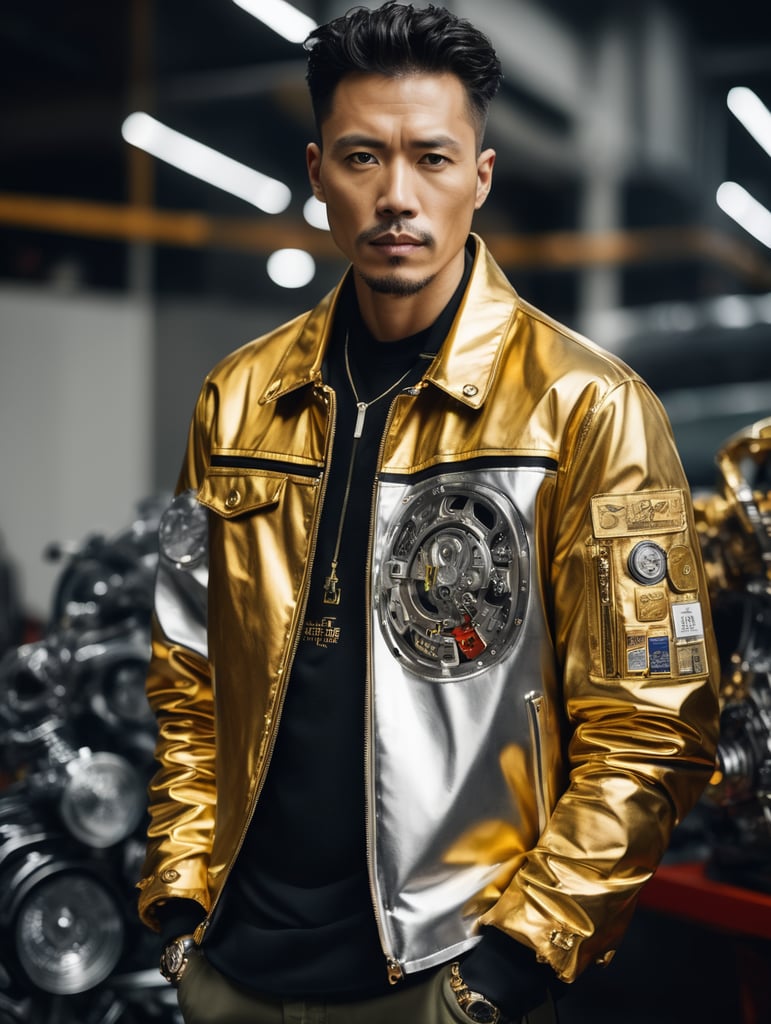 Jacket, futurist, mechanic, gold, silver, shot on leica, fashion portrait, by kith