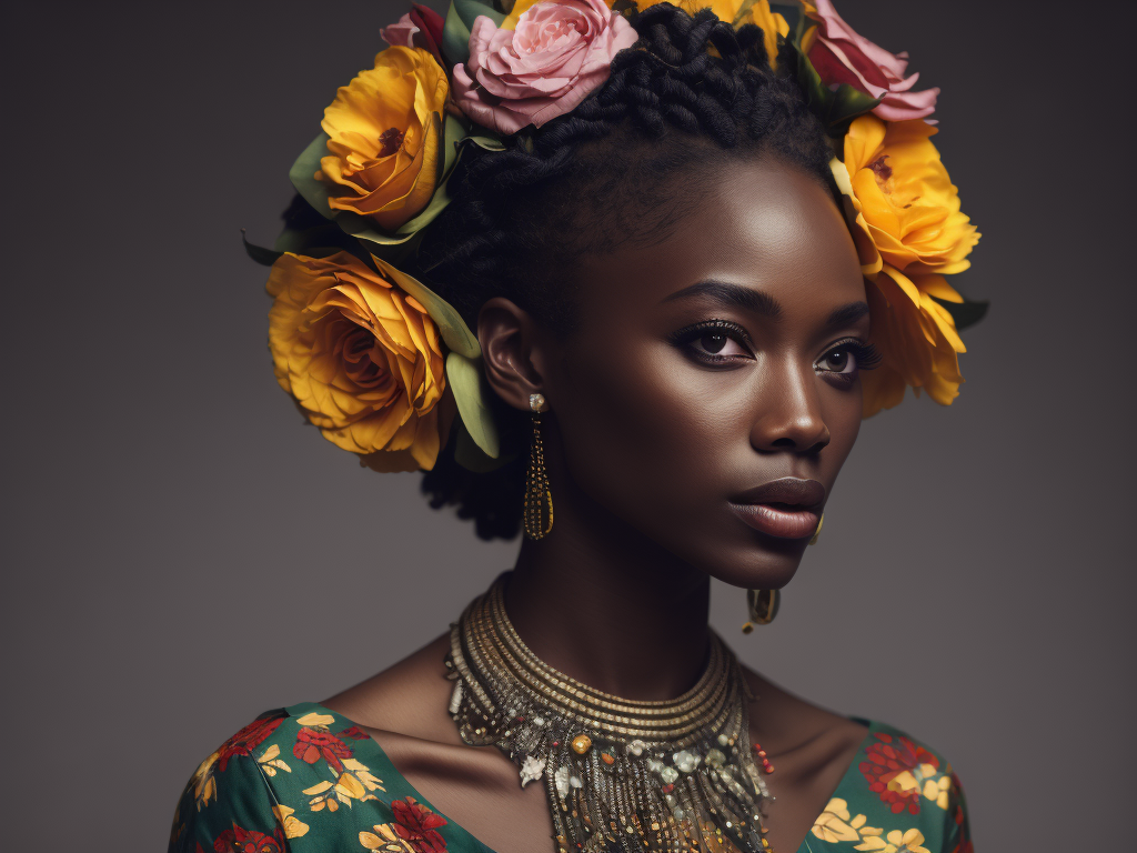 Pretty african girl with flowers in hair, fashion magazine, sharp focus,highly detailed,bright and saturated colors,elegant