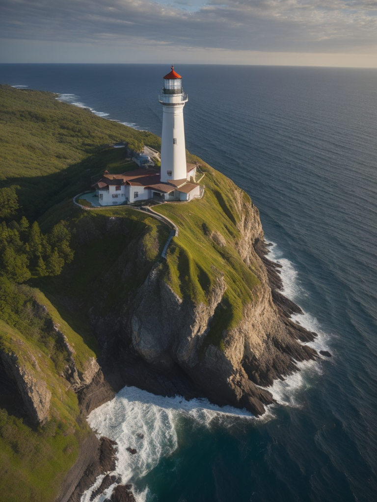 Drone photography, aerial view, Lighthouse island, Hyperdetailed, Beautiful landscape, Rocky cliffs, grass, Surreal, ocean, Coastal, Natural lighting, shadows, Chiaroscuro, waterfall, Hdr, 8k, wallpaper, Ivan Shishkin, Dustin Lefevre, intricate detail, Photorealistic