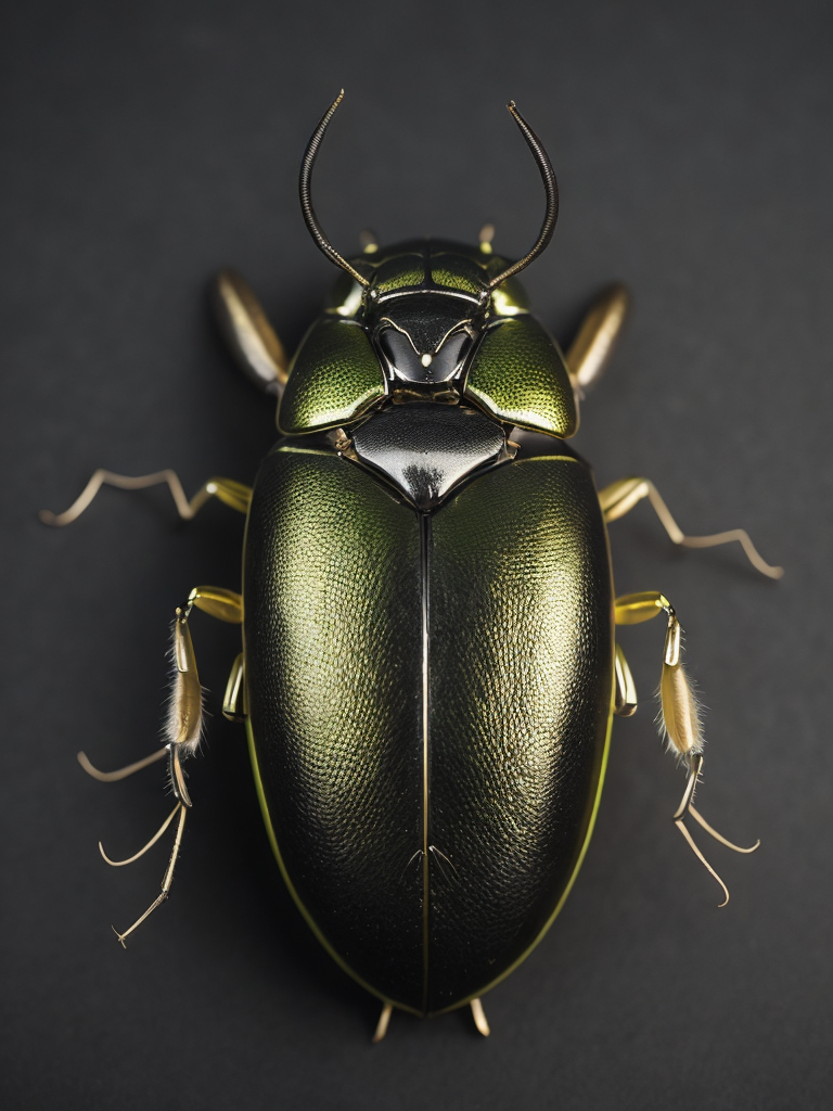 beautiful beetle, metallic, gold and lime green, black background, incredibly detailed, overhead view, vibrant, dramatic lighting