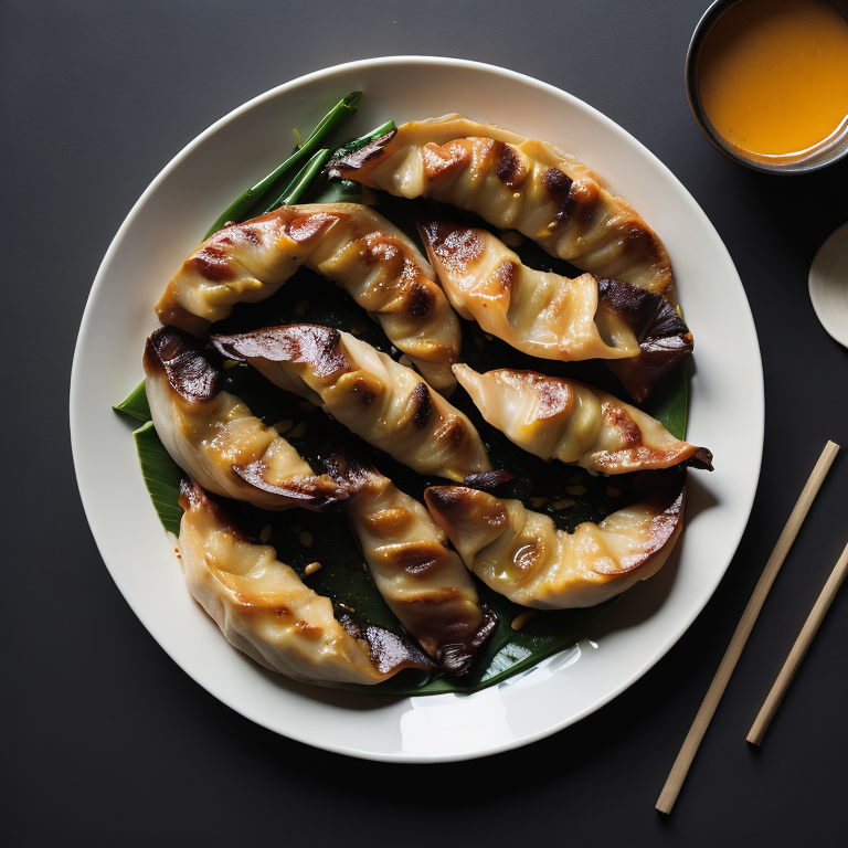 Marketing photo of delicious Asian potstickers on a plate, for use on a restaurant's website.