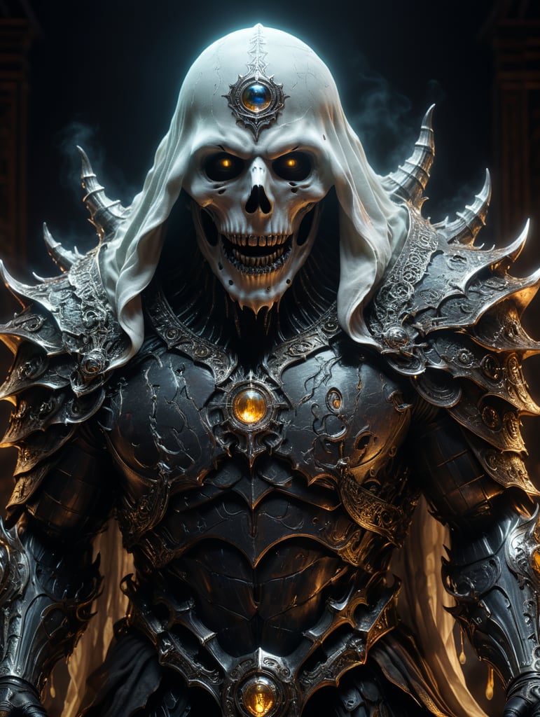 un fantasma fatto di tasse e multe, con luci fredde e drammatiche, ipe realistico