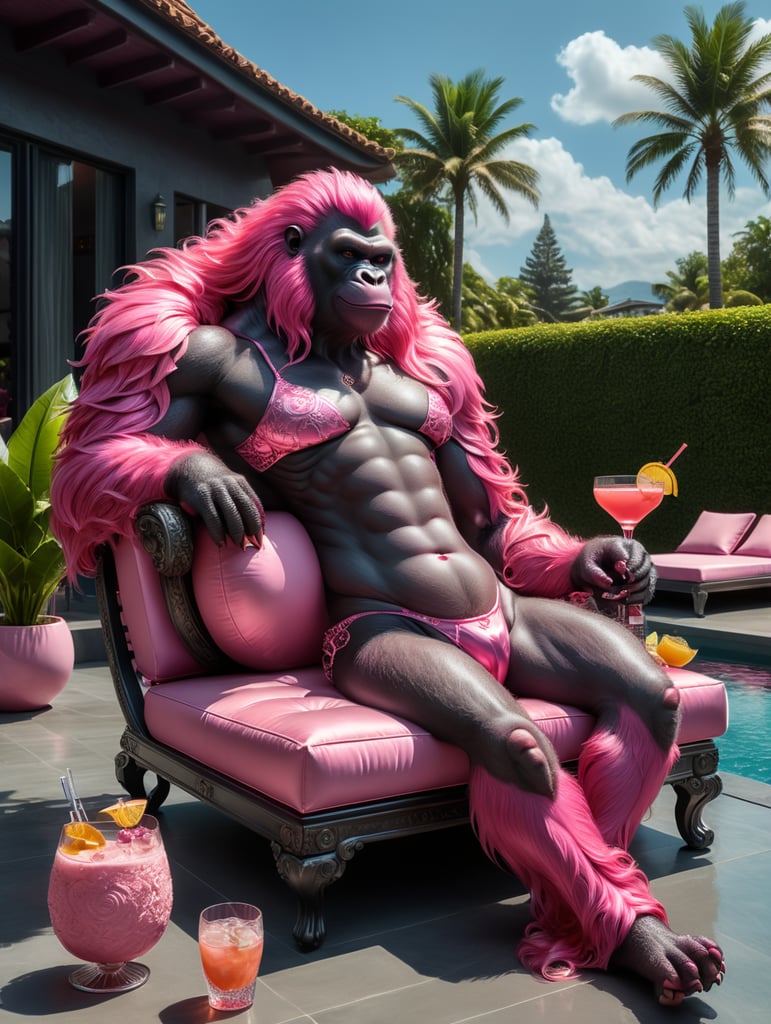 a pink gorilla with long pink hair and a big pink cocktail in her hands lounging on a stylish daybed next to a stylish pool on a sunny summer day