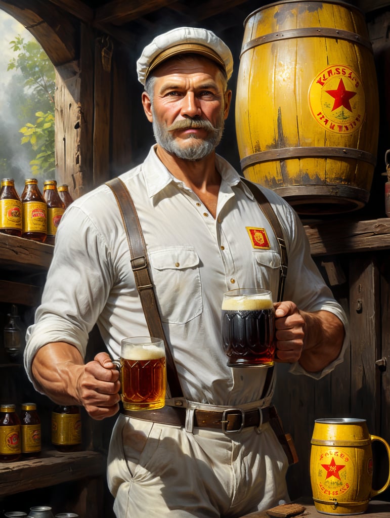 A Soviet man in a white shirt and cap holds a mug of kvass in his hands, a Soviet yellow barrel of kvass can be seen in the background