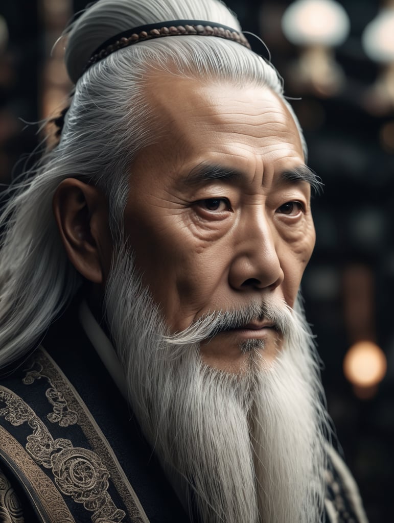 Wise old japanese man from tokyo with a long white beard, intricate, sharp focus, fantasy, cinematic lighting, other worldy, surreal 8k photo, dark moody aesthetic