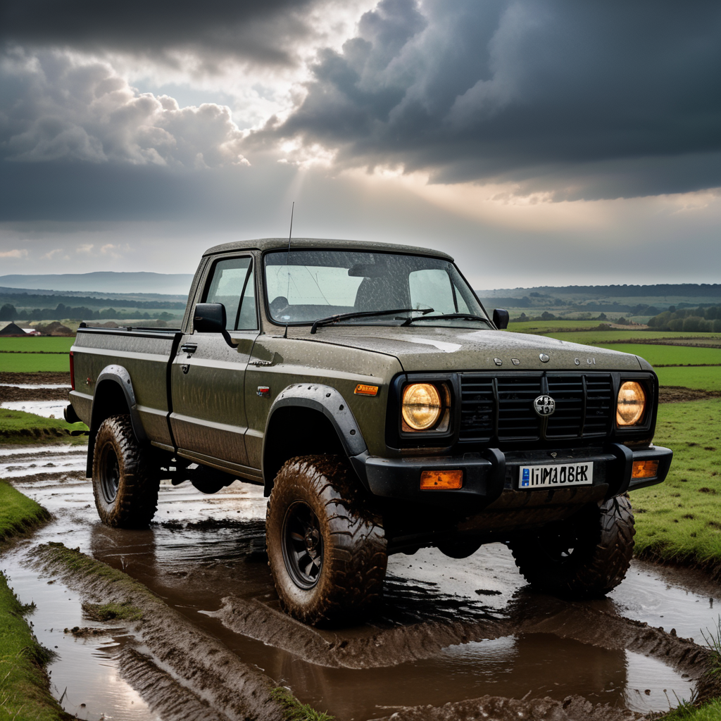 Tuned 4x4 pick-up, highly detailed, very muddy, in countryside landscape, rainy weather, cloudy sky, dramatic lighting
