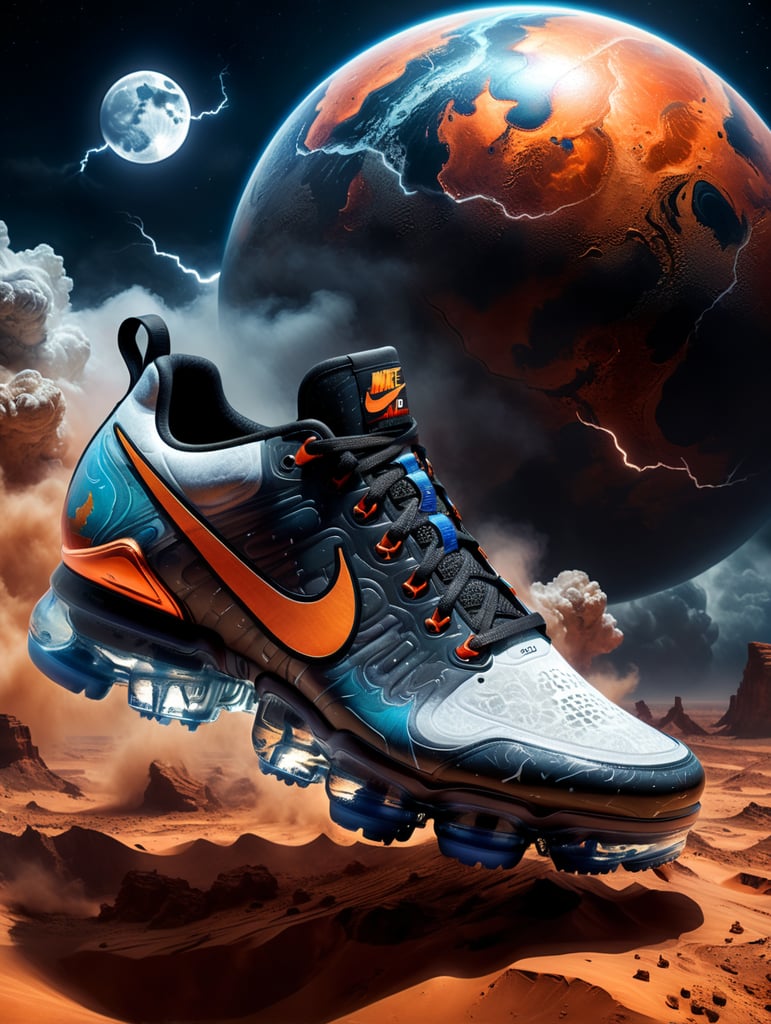 Nike Vapormax Concept Water print NASA Space Force Logo with Dark Moon in the background with Lightning on Mars atmosphere