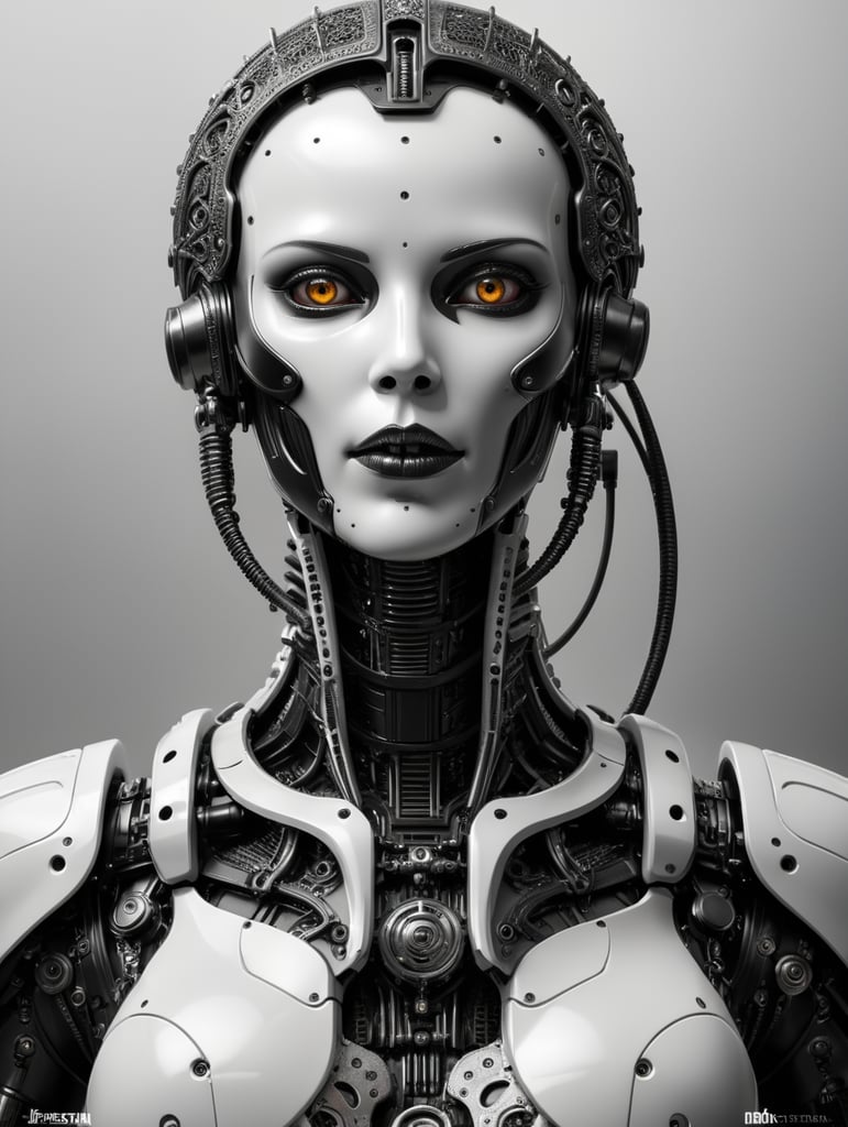 Female robot, Giger style, black and white, high contrast, metal face, many details, slim, stylized body