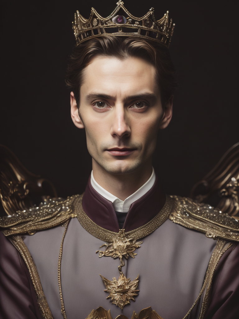 Oil portrait of miles edgeworth, intricate, elegant, highly detailed, lighting, painting, artstation, smooth, illustration, art by greg rutowski and alphonse mucha, david tennant king, david tennant with a crown sits on a throne, france, 1952 year