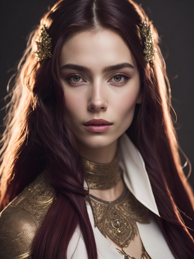 Portrait of a young queen with long wine color braided hair, royal guard purple outfit, elegant, highly detailed, digital painting, artstation, concept art, smooth, illustration, oval face, art by helena nikulina