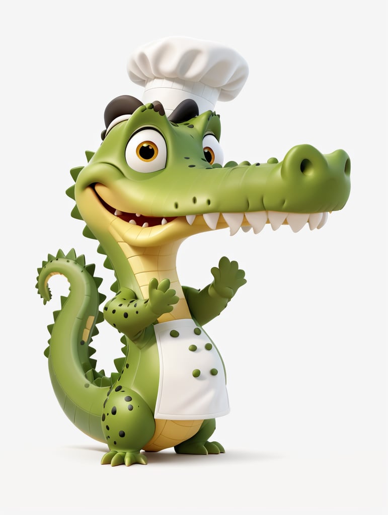 crocodile in the form of a cook, white chef's cap, white apron, isolated, white background