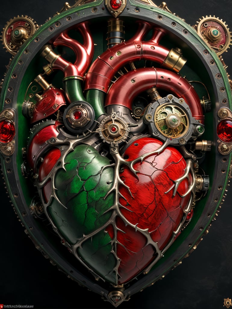 human heart made by a skilled craftsman in medieval steampunk style with red and green color