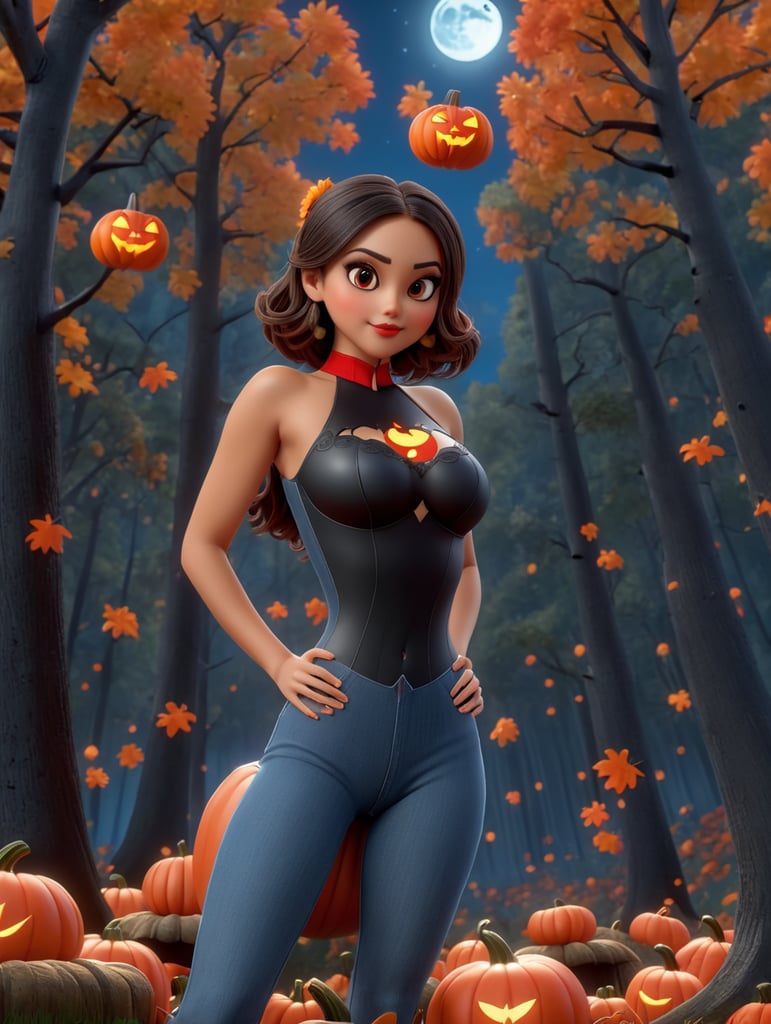 Eiza González, Dark Night, In the background a forest, A bright moon, Halloween day, black crows, tits, pumpkins, A red gerbera on the head on the right side, black leotard, blue jeans