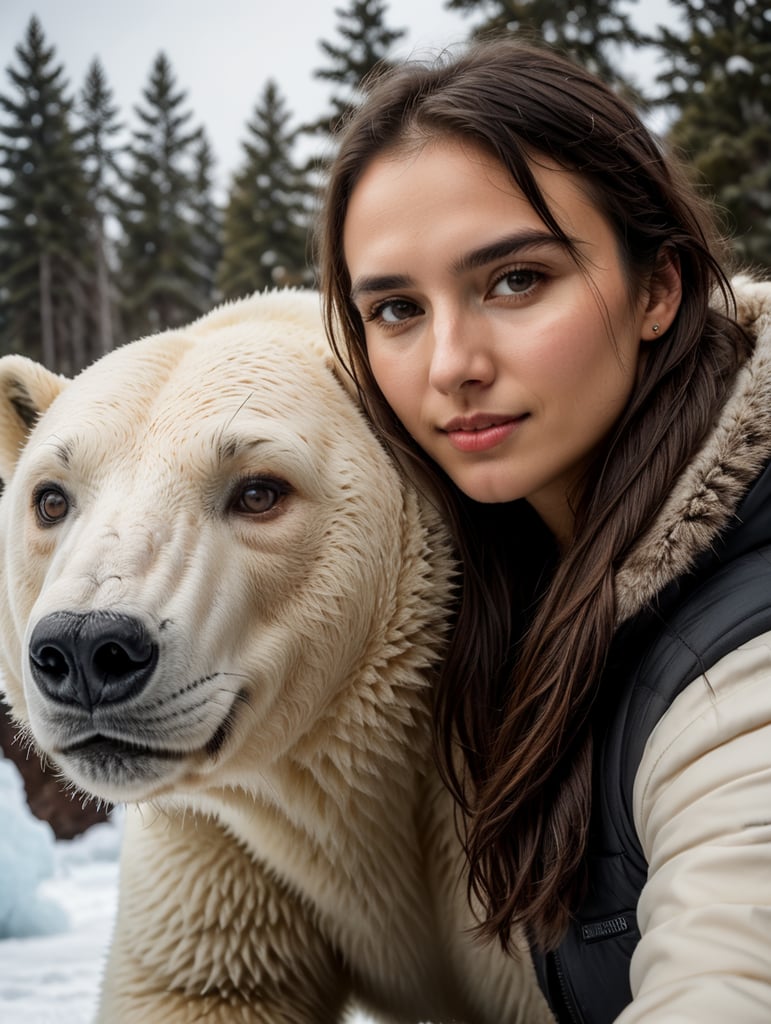 selfie of young woman with a polar bear, polar location, ice and snow, cold environment, highly detailed