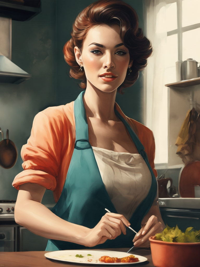 A young beautiful 1950s housewife cooking in kitchen anatomically correct. perfect fingers on hand, extremely detail in kitchen. perfect composition and lighting. sharp focus. high - contrast surrealistic photorealism.