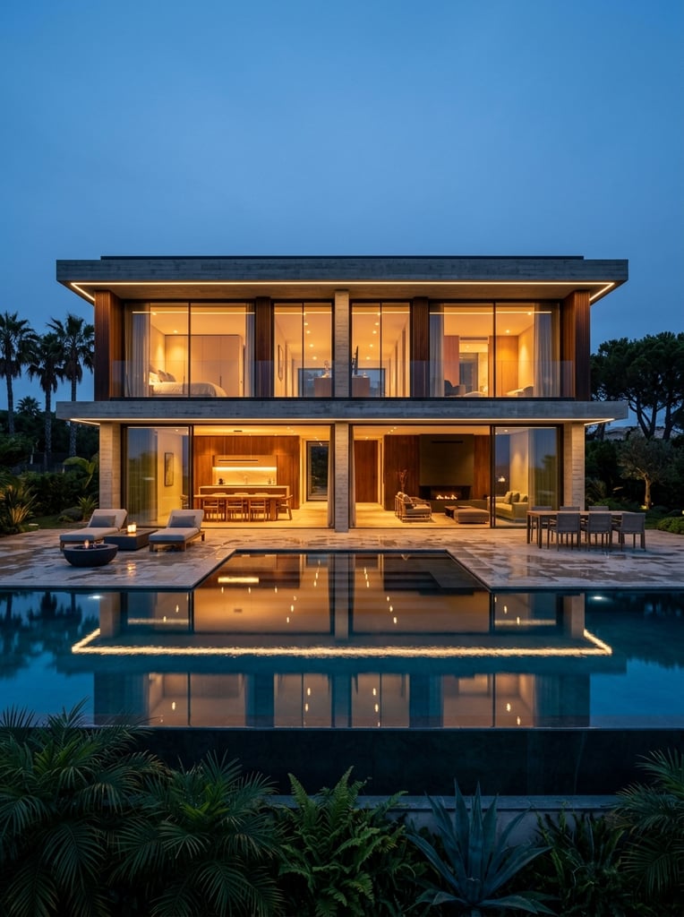 modern luxury two-story rectangular villa at twilight, frontal symmetrical architectural photography, flat roof, floor-to-ceiling glass walls, warm wood paneling, concrete structure, glowing amber interior lighting contrasting with deep cool blue evening sky, open-plan ground floor revealing dining and lounge spaces, stone patio with outdoor lounge chairs, large rectangular infinity pool in foreground reflecting the illuminated house, dark green tropical foliage bordering the pool base, silhouetted trees in the background, highly detailed photorealistic rendering, strong horizontal lines