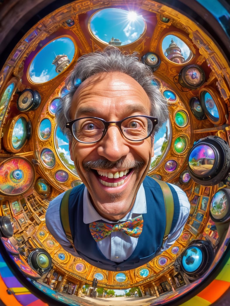 fisheye lens, mad professor smiling to the camera showing his time machine in background, buggy eyes, colorful, psychedelic