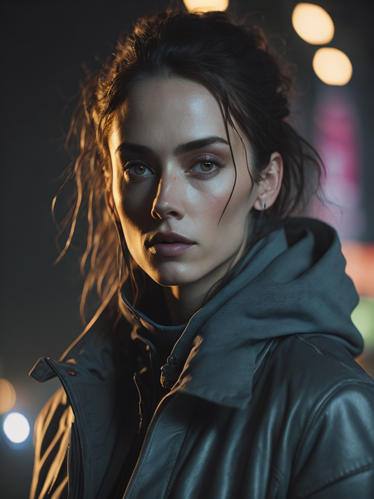Detailed portrait neon cleaner woman, cyberpunk futuristic neon, reflective puffy coat, perfect face, fine details