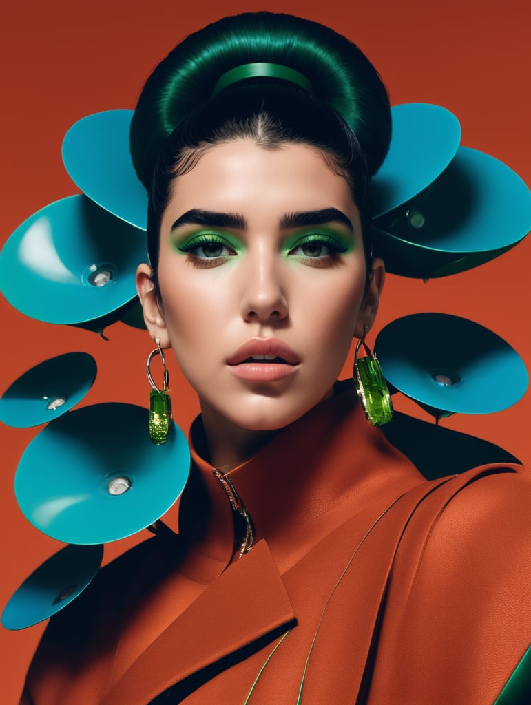 Dua Lipa, futuristic, simplygo, photoshoot spread, dressed in all green, harpers bizarre, cover, headshot, hyper realistic
