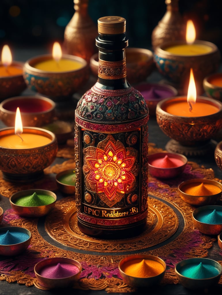 Colourful Diwali inspired scene with black bottle in the centre