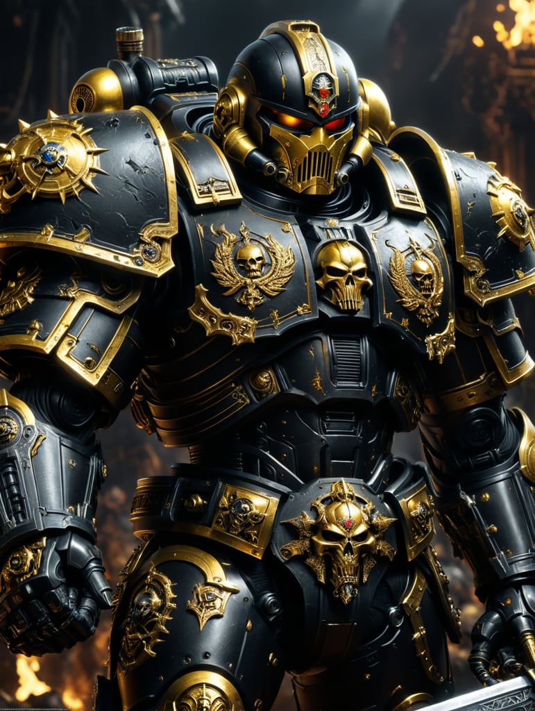 warhammer 40k, space marine, black and gold armor, black legion, force sword in hand,