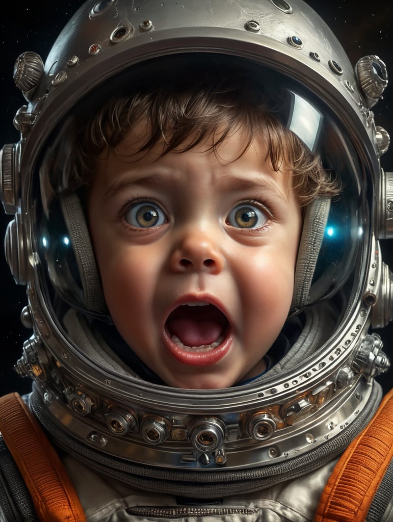 a child in a space suit with a surprised look on his face