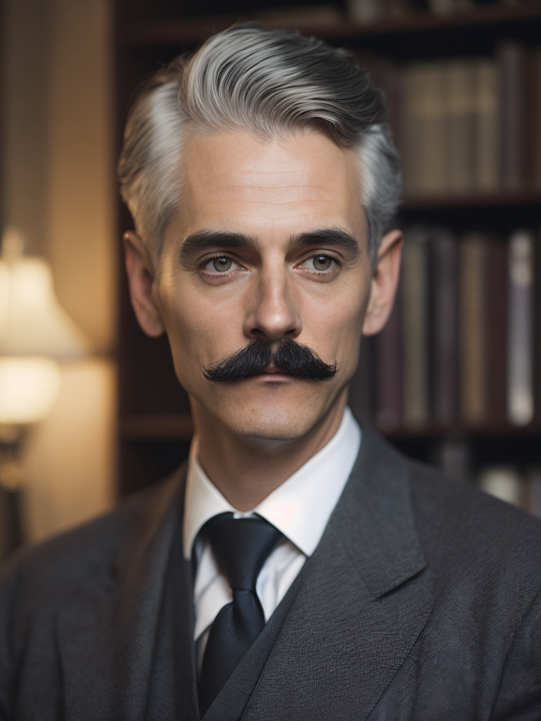 Lovecraftian portrait of a 1920s police detective, gray haired english moustache, bookshelves wide shot, artstation, concept art, illustration, ilya kuvshinov, vintage