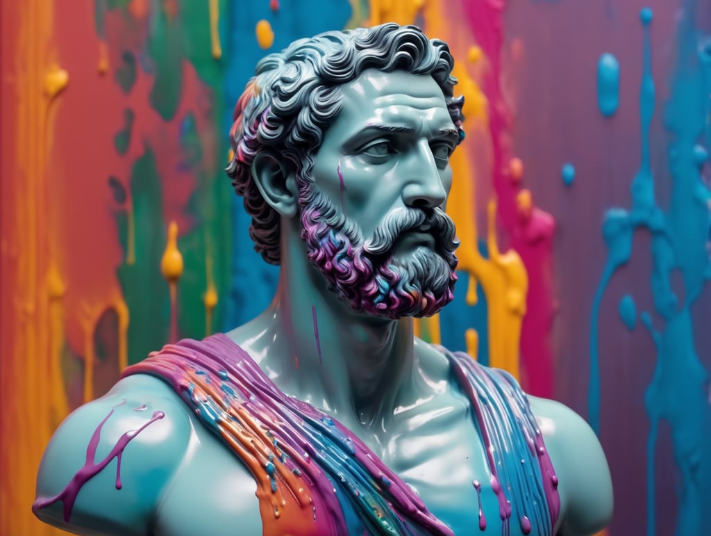 greek male bust with colorful paint, melted, the paint is flowing, aesthetic background