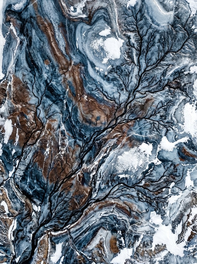 abstract aerial view of frozen earth, marbled ice textures, swirling swathes of slate blue and rust brown, branching black fractal lines resembling river veins, scattered patches of bright white frost, organic natural patterns, overhead perspective, high contrast geological formations
