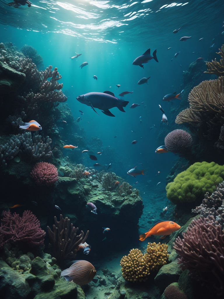 magical underwater scene with colorful coral reefs and exotic fish