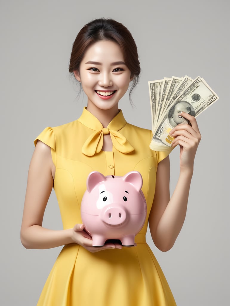 4k high resloution hd image,Korean woman happy smile lady and holding piggy bank with money, dresses yellow, isolated over white background