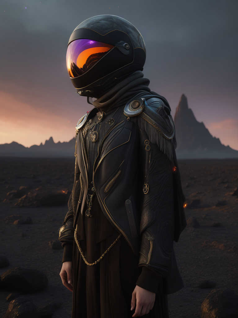 an professional high fashion portrait studio on a tarot card of an epic, masterpiece, alien friendly standing on moon wearing a high fashion dress and a neon visor in an black rock environment at dawn with a galactic black hole, expansive:2 hyper realistic, 8k, raytracing, close shot, cinematic look, avant garde fashion look, luxury, elite, cinematic, designer fashion, Alexander McQueen, Rick Owens, Yohji Yamamoto Y3, Balenciaga, Burberry