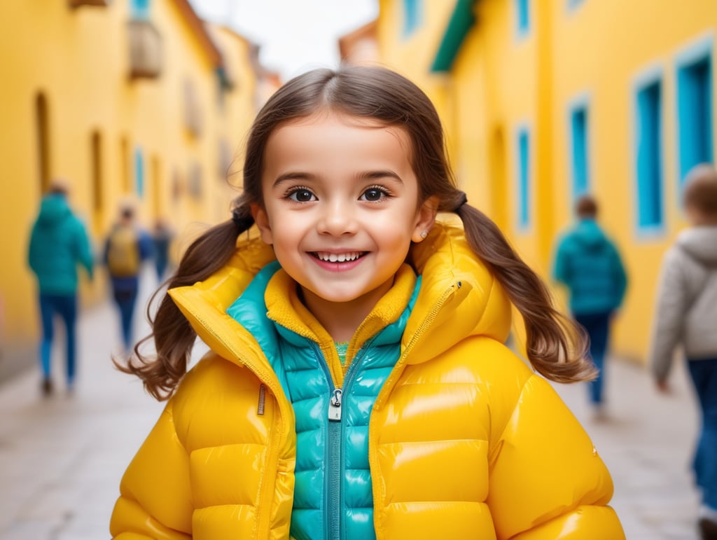 photo happy little girl going to travel, cute girl, dressed yellow inflatable puffer jacket, yellow background, harpers bizarre, cover, headshot, hyper realistic, vibrant colors